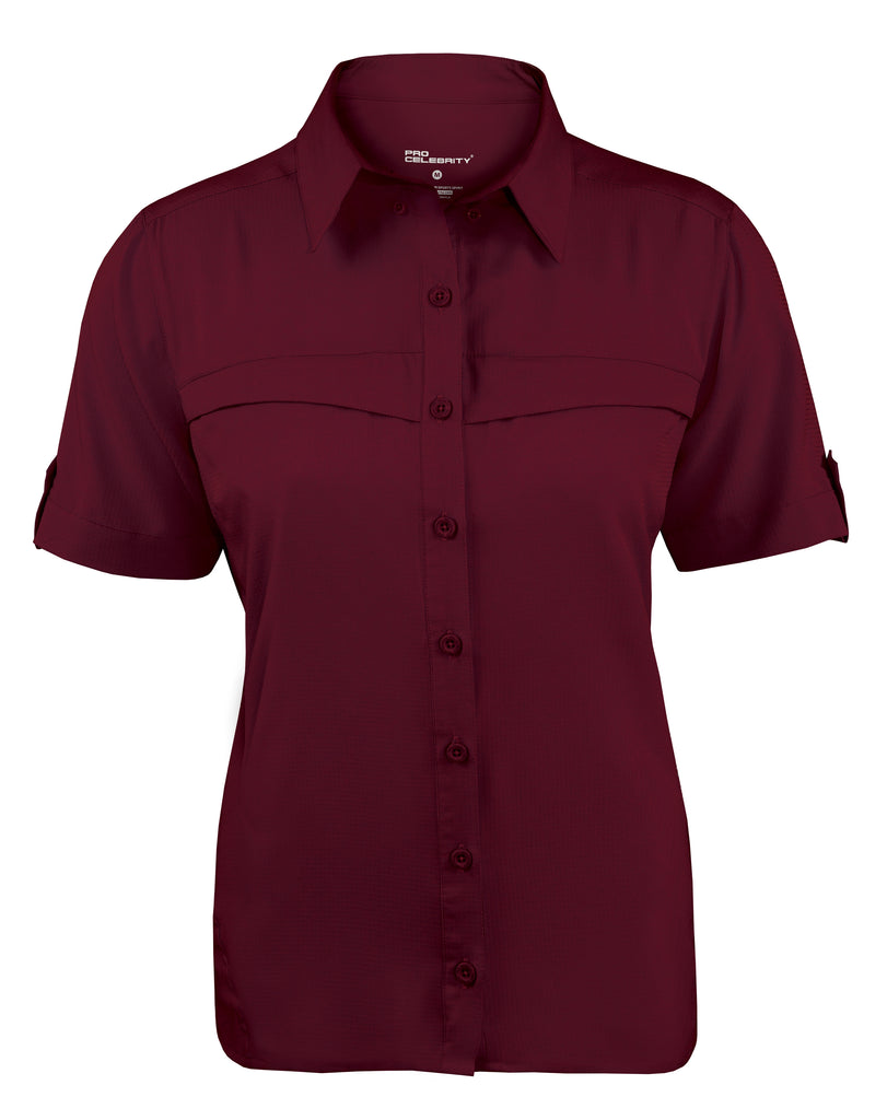 LADIES SHORT SLEEVE FISHING SHIRT, MAROON FSL189 by Pro-Celebrity – US  DIRECT APPAREL